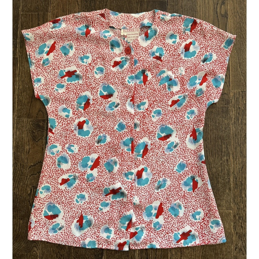 Tess Women's Blouse Short Sleeve Size 6 Vintage Red Multicolor Cute EUC